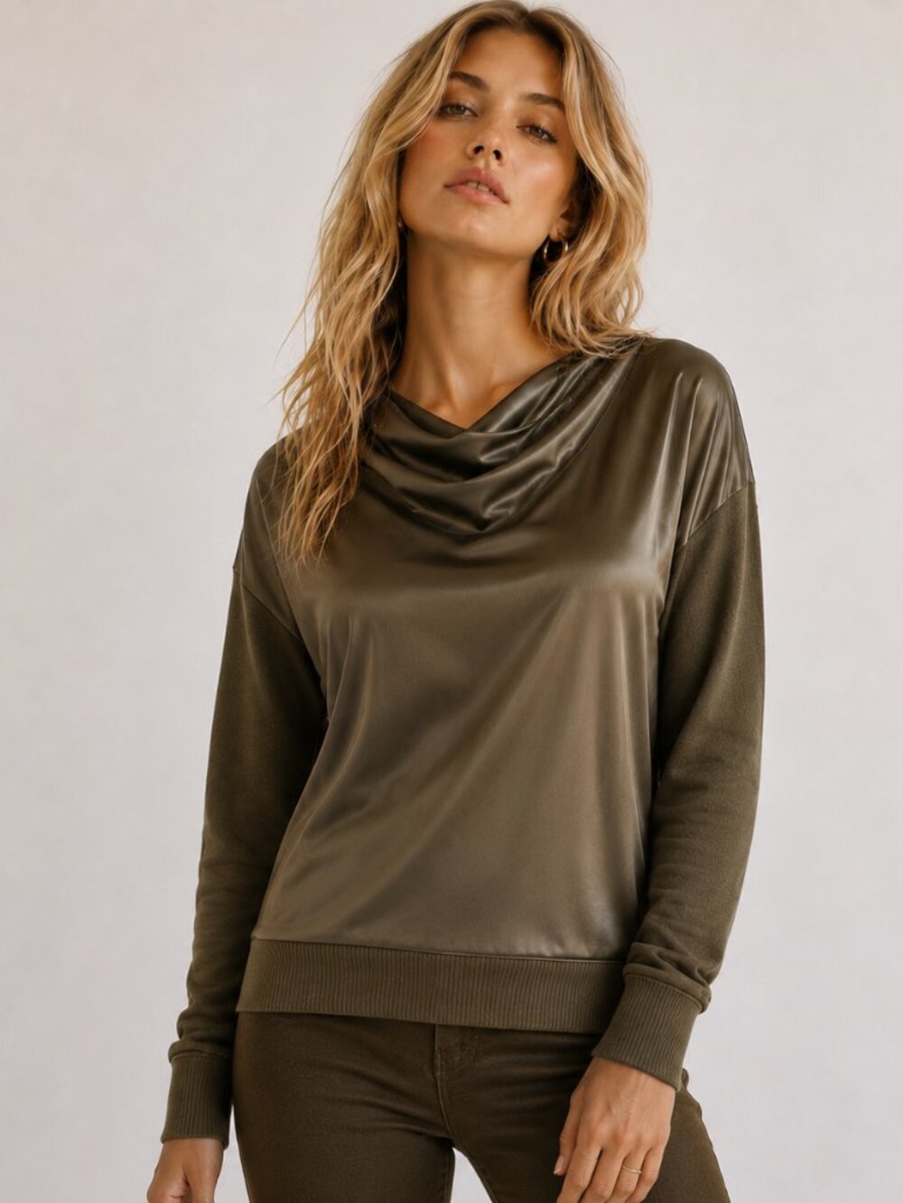 WHITE HOUSE BLACK MARKET Satin Knit Mix Top Olive Green Cowl Neck XXS NWT